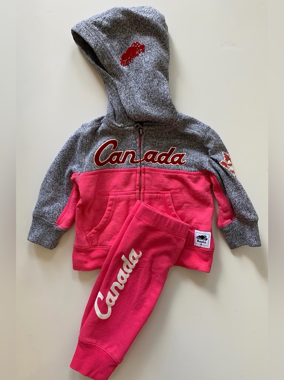 Roots Baby Canada Hoodie & Sweatpants in Pink and Heather Gray 3-6M